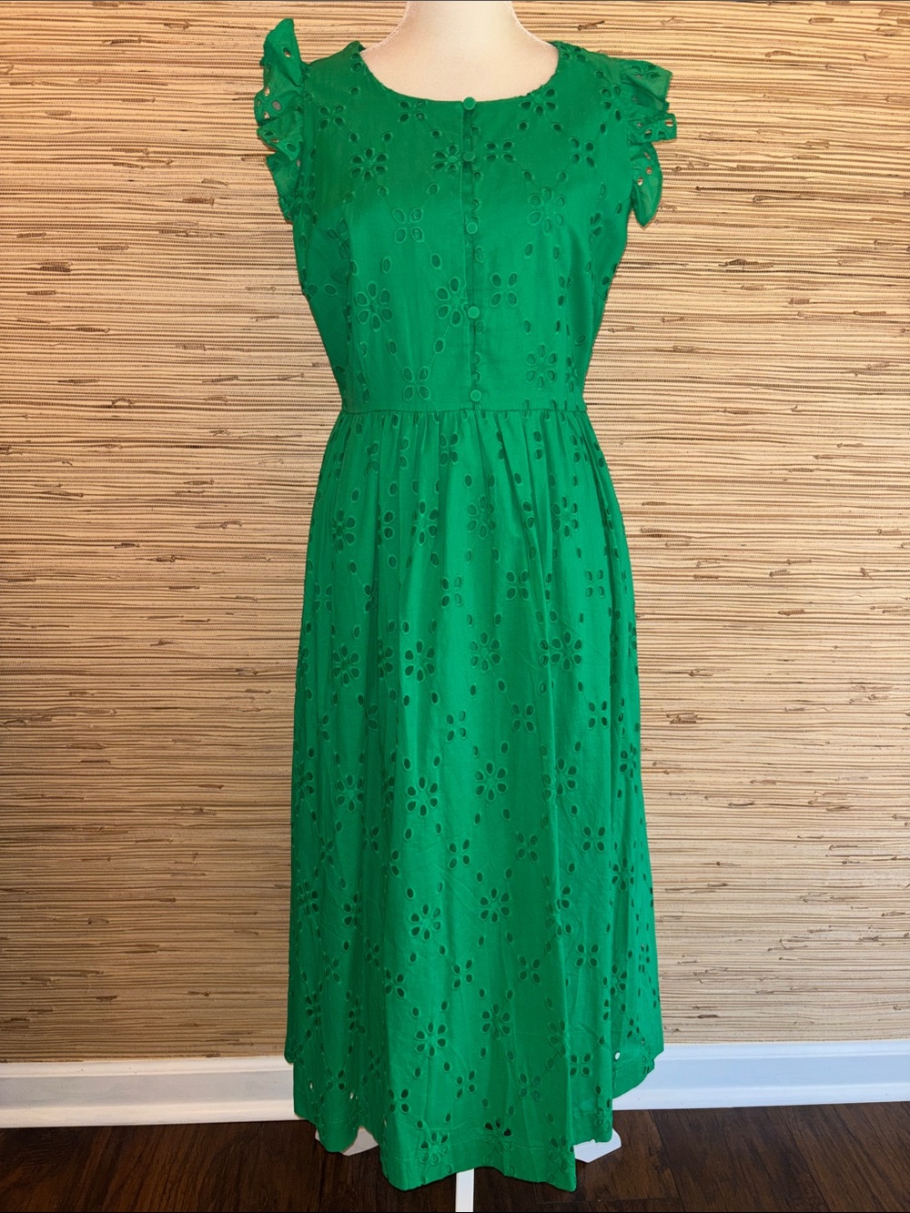 J. Crew size 10 Green sleeveless Eyelet Midi lined Dress with pockets nwt!